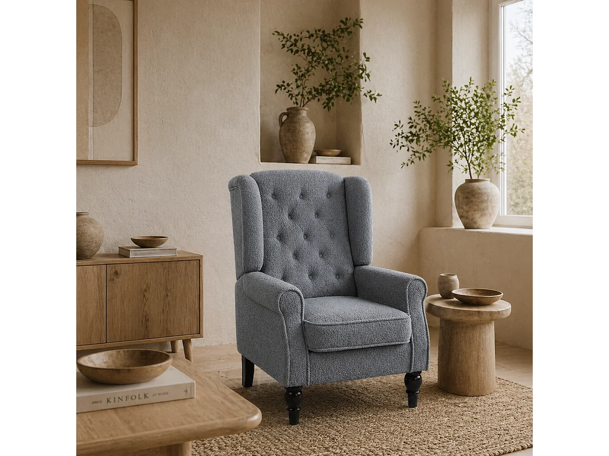 Rovero Grey Teddy Fleece Wingback Armchair Diamond Tufted Retro Accent Chair