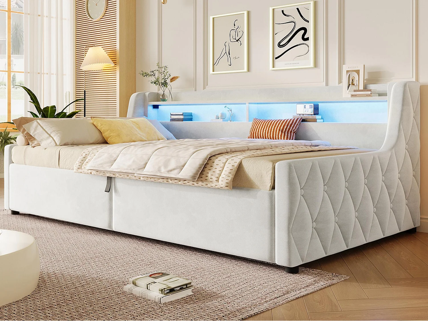 Storage Sofa Bed 90 × 200 cm - with storage box and LED lighting - velvet fabric + MDF - beige (mattress not included)
