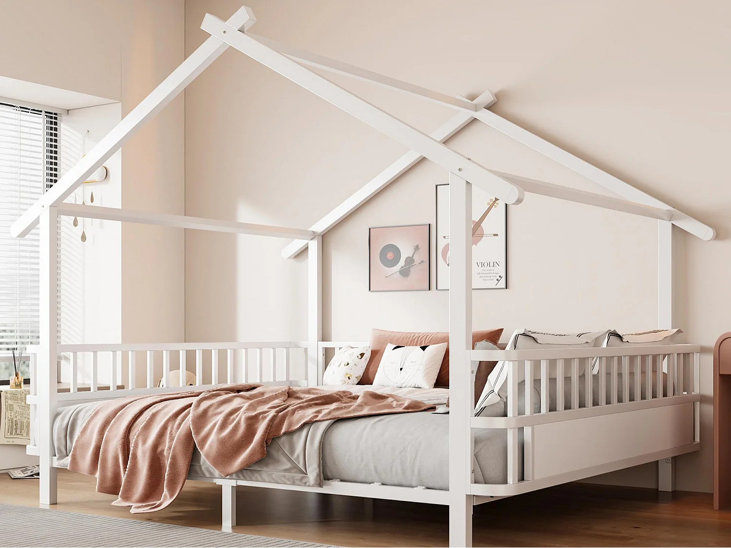 Lit cabane en métal 140 x 200 cm - avec barrières de sécurité - blanc (matelas non inclus)