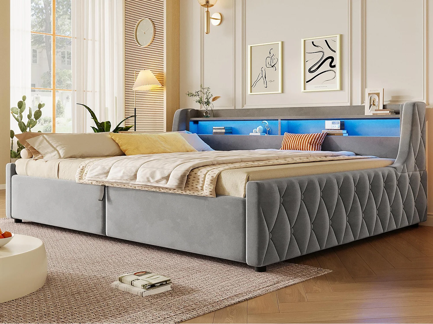 Storage Sofa Bed 140 × 200 cm - with storage box and LED lighting - velvet fabric + MDF - grey (mattress not included)