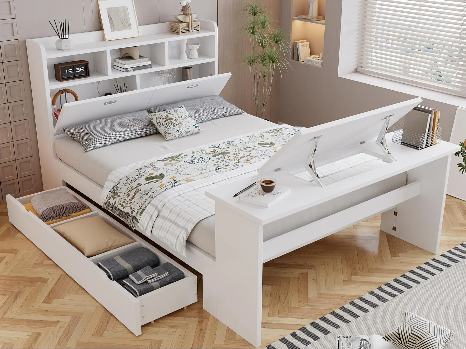 Kinderbed 140 × 200 cm - met verstelbare opklapbare tafel - met opbergruimte en planken - met lade - wit (zonder matras)