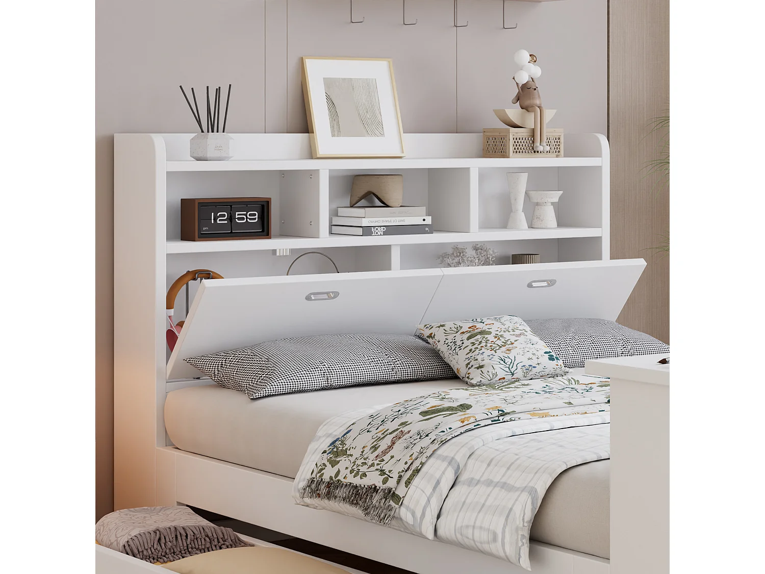 Kinderbed 140 × 200 cm - met verstelbare opklapbare tafel - met opbergruimte en planken - met lade - wit (zonder matras)