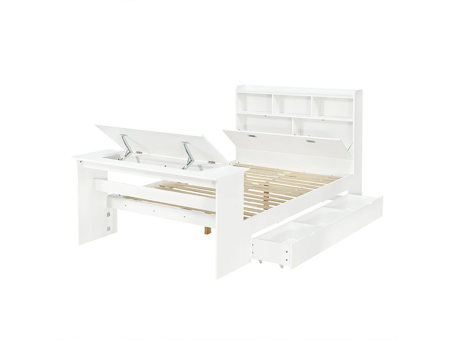 Kinderbed 140 × 200 cm - met verstelbare opklapbare tafel - met opbergruimte en planken - met lade - wit (zonder matras)