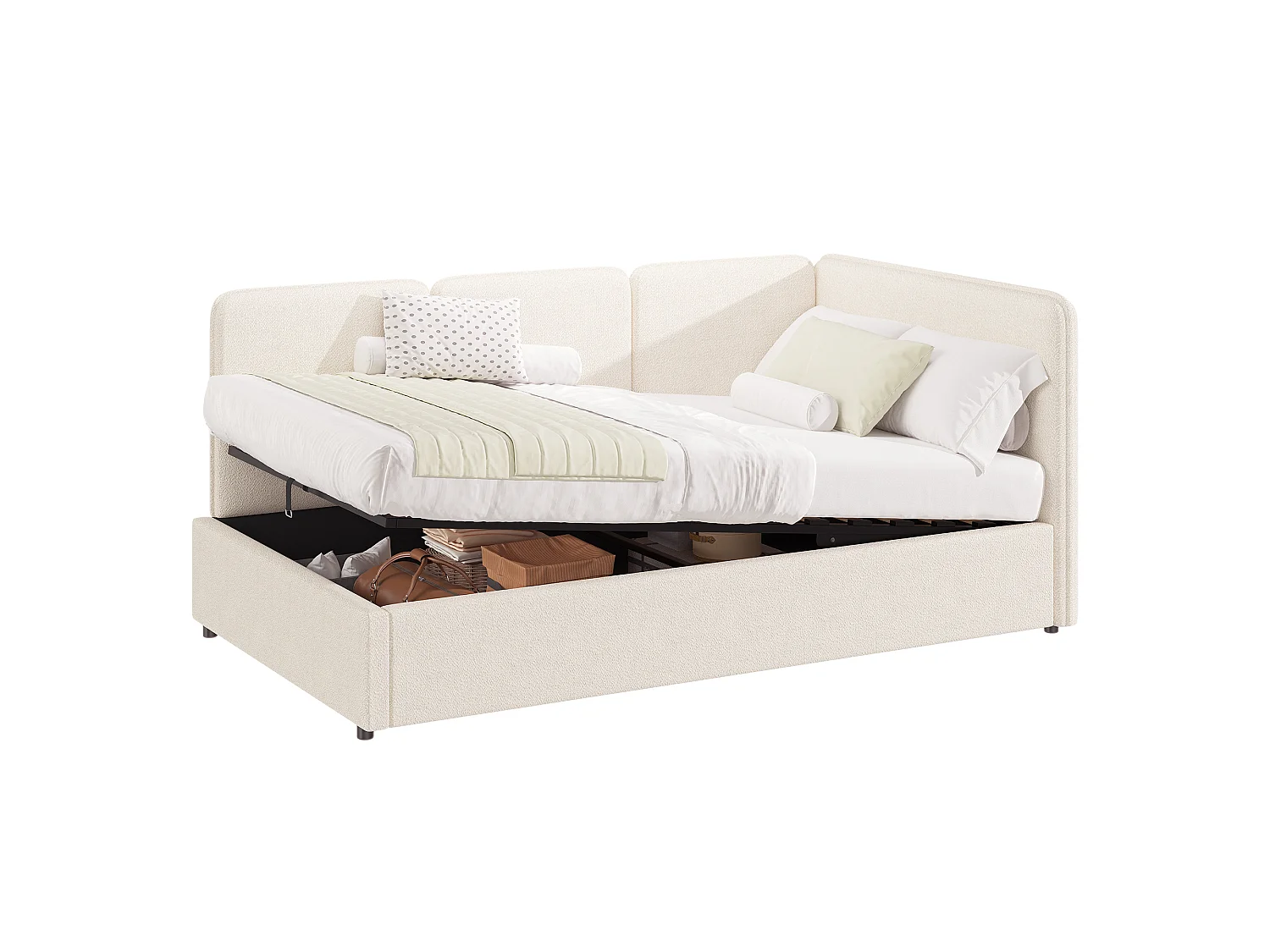 Canapé-lit coffre 90 x 200 cm - Peut être inversé à gauche et à droite - Tissu bouclé - Beige (Matelas non inclus)