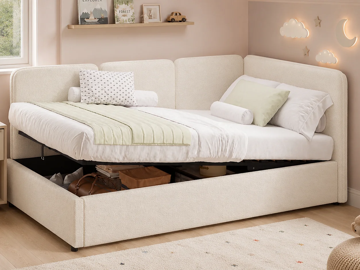 Canapé-lit coffre 90 x 200 cm - Peut être inversé à gauche et à droite - Tissu bouclé - Beige (Matelas non inclus)