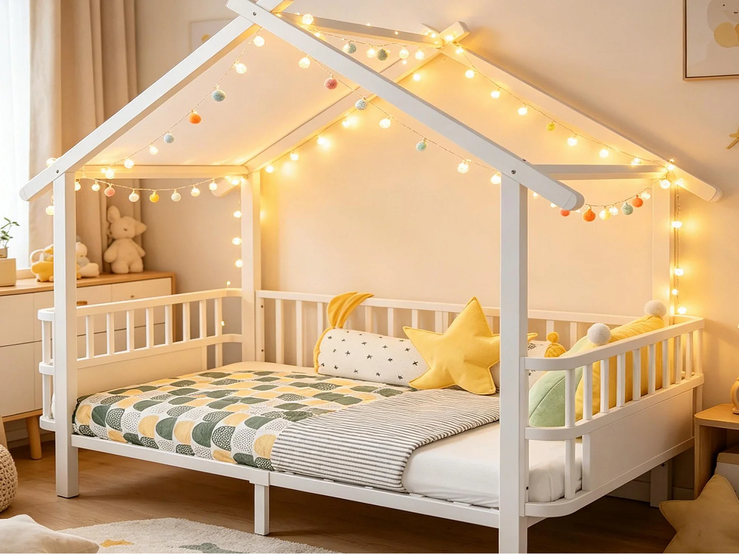 Lit cabane en métal 90 x 200 cm - avec barrières de sécurité - blanc (matelas non inclus)