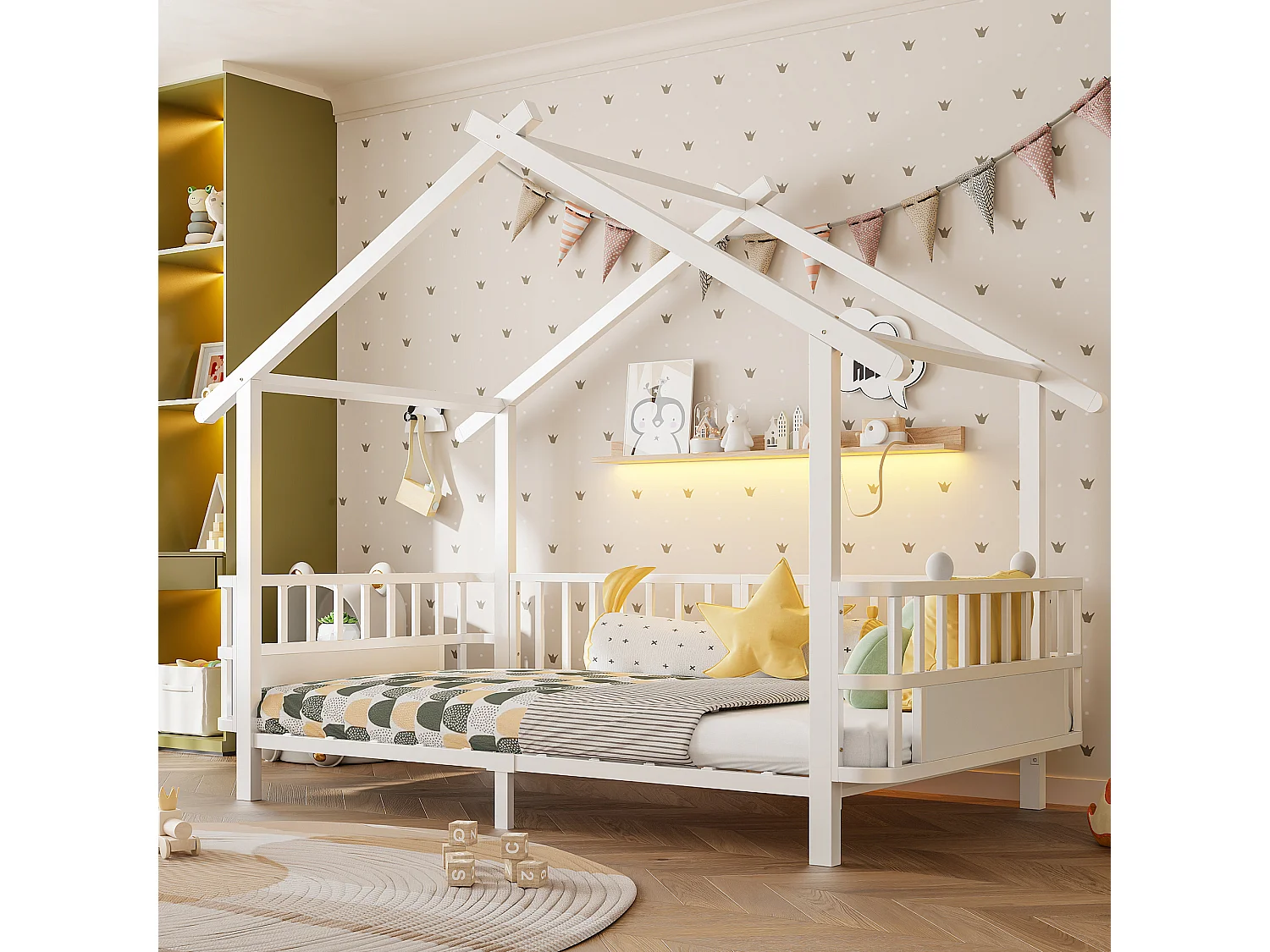 Lit cabane en métal 90 x 200 cm - avec barrières de sécurité - blanc (matelas non inclus)