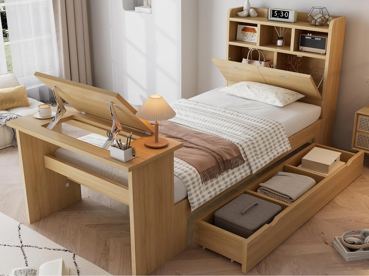 Eenpersoons kinderbed 90 × 200 cm - met verstelbare opklapbare tafel - met opbergruimte en planken - met lade - naturel (zonder matras)
