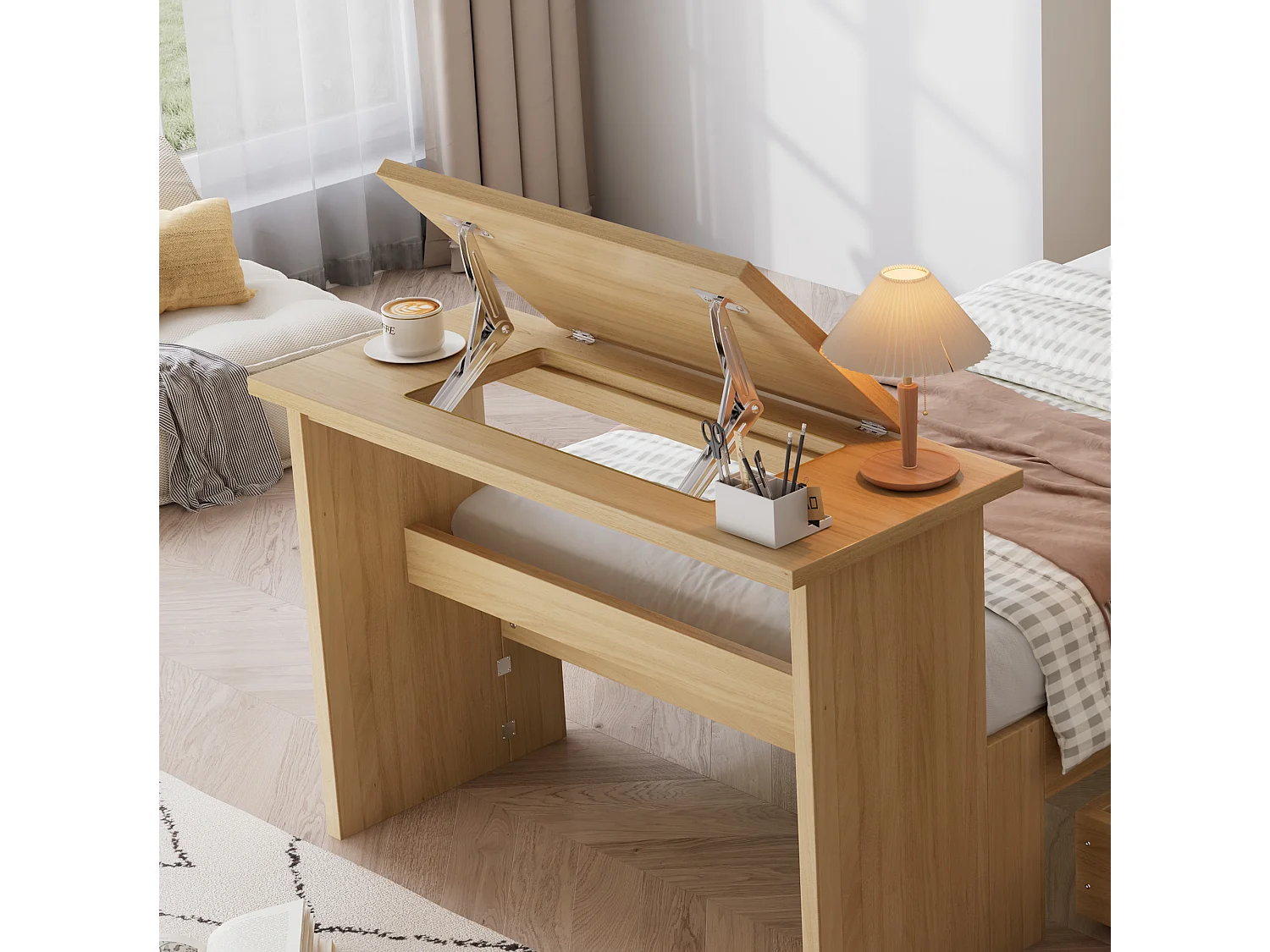Eenpersoons kinderbed 90 × 200 cm - met verstelbare opklapbare tafel - met opbergruimte en planken - met lade - naturel (zonder matras)