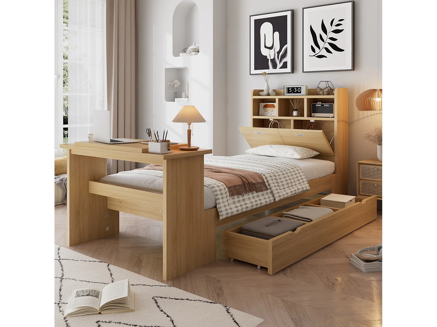 Eenpersoons kinderbed 90 × 200 cm - met verstelbare opklapbare tafel - met opbergruimte en planken - met lade - naturel (zonder matras)