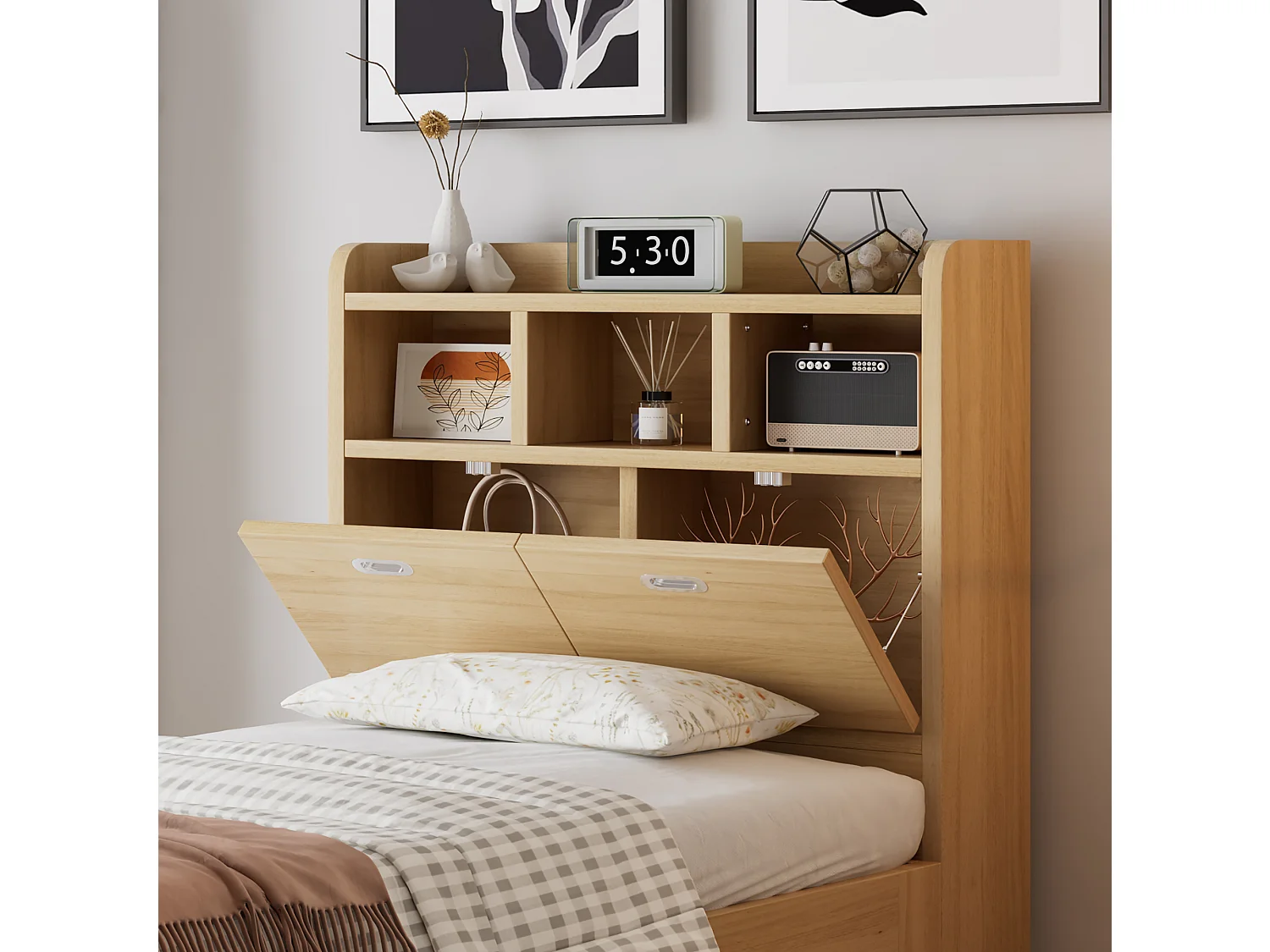 Eenpersoons kinderbed 90 × 200 cm - met verstelbare opklapbare tafel - met opbergruimte en planken - met lade - naturel (zonder matras)