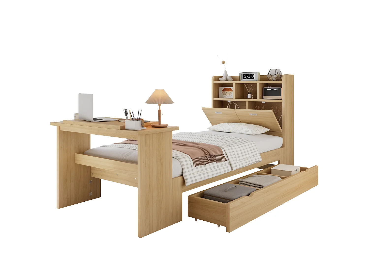 Eenpersoons kinderbed 90 × 200 cm - met verstelbare opklapbare tafel - met opbergruimte en planken - met lade - naturel (zonder matras)