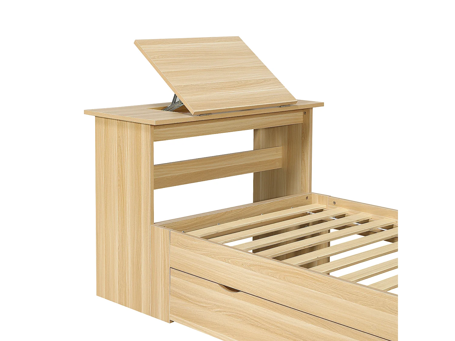 Eenpersoons kinderbed 90 × 200 cm - met verstelbare opklapbare tafel - met opbergruimte en planken - met lade - naturel (zonder matras)