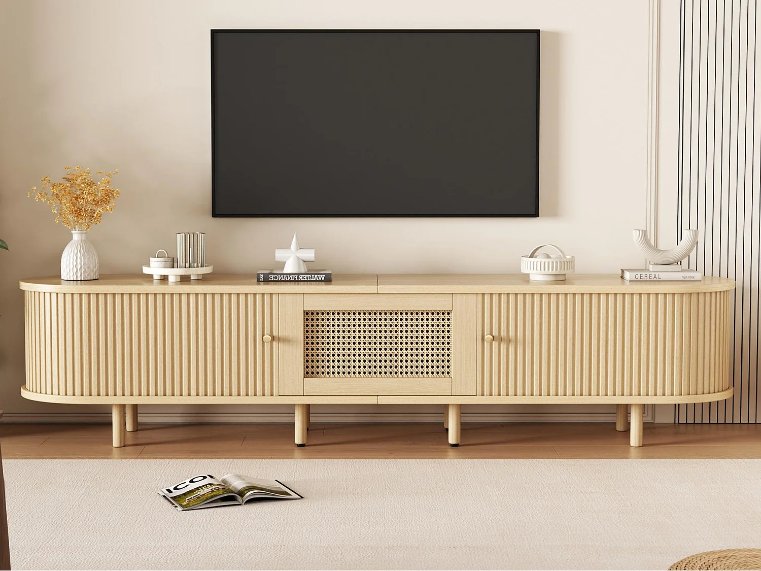 TV-Möbel 180x40x40 cm - Rattan-Design - verstellbare Füße - mit 2 Türen - Natur