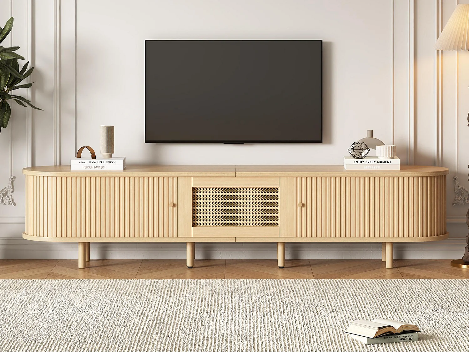 TV-Möbel 180x40x40 cm - Rattan-Design - verstellbare Füße - mit 2 Türen - Natur