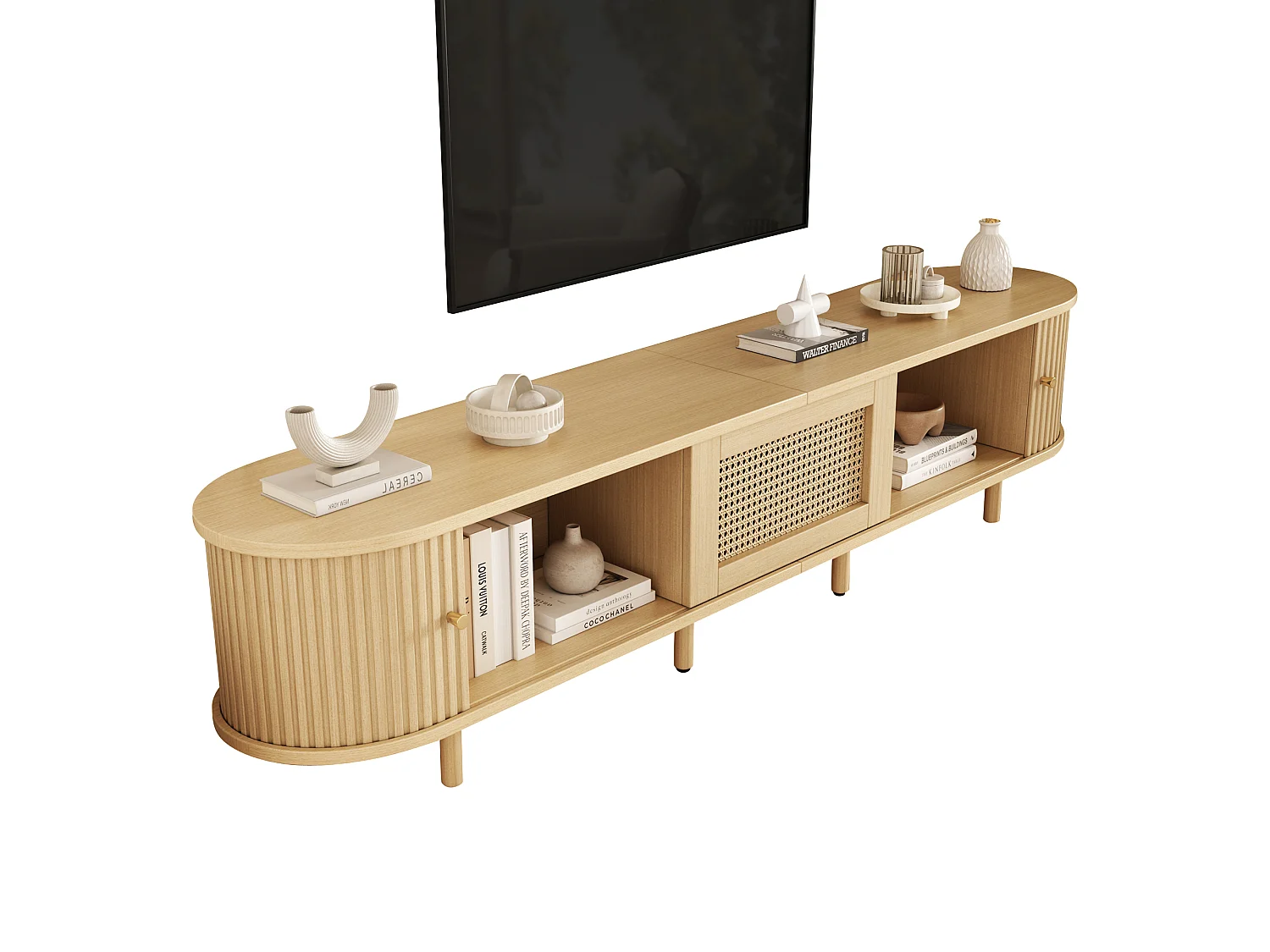 TV-Möbel 180x40x40 cm - Rattan-Design - verstellbare Füße - mit 2 Türen - Natur