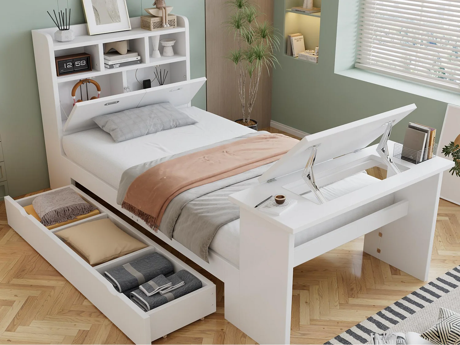 Eenpersoons kinderbed 90 × 200 cm - met verstelbare opklapbare tafel - met opbergruimte en planken - met lade - wit (zonder matras)