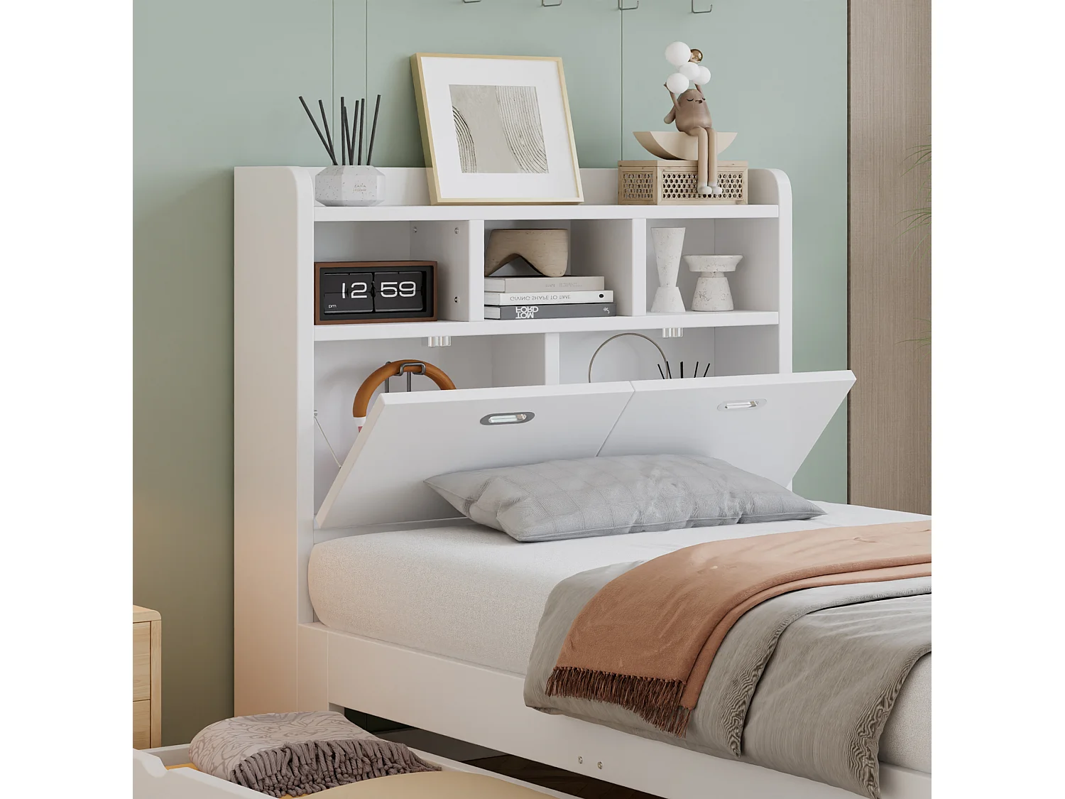 Eenpersoons kinderbed 90 × 200 cm - met verstelbare opklapbare tafel - met opbergruimte en planken - met lade - wit (zonder matras)