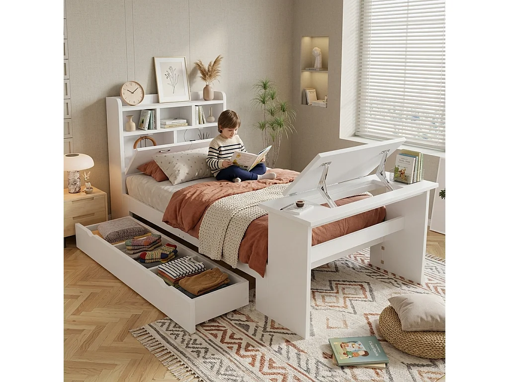 Eenpersoons kinderbed 90 × 200 cm - met verstelbare opklapbare tafel - met opbergruimte en planken - met lade - wit (zonder matras)
