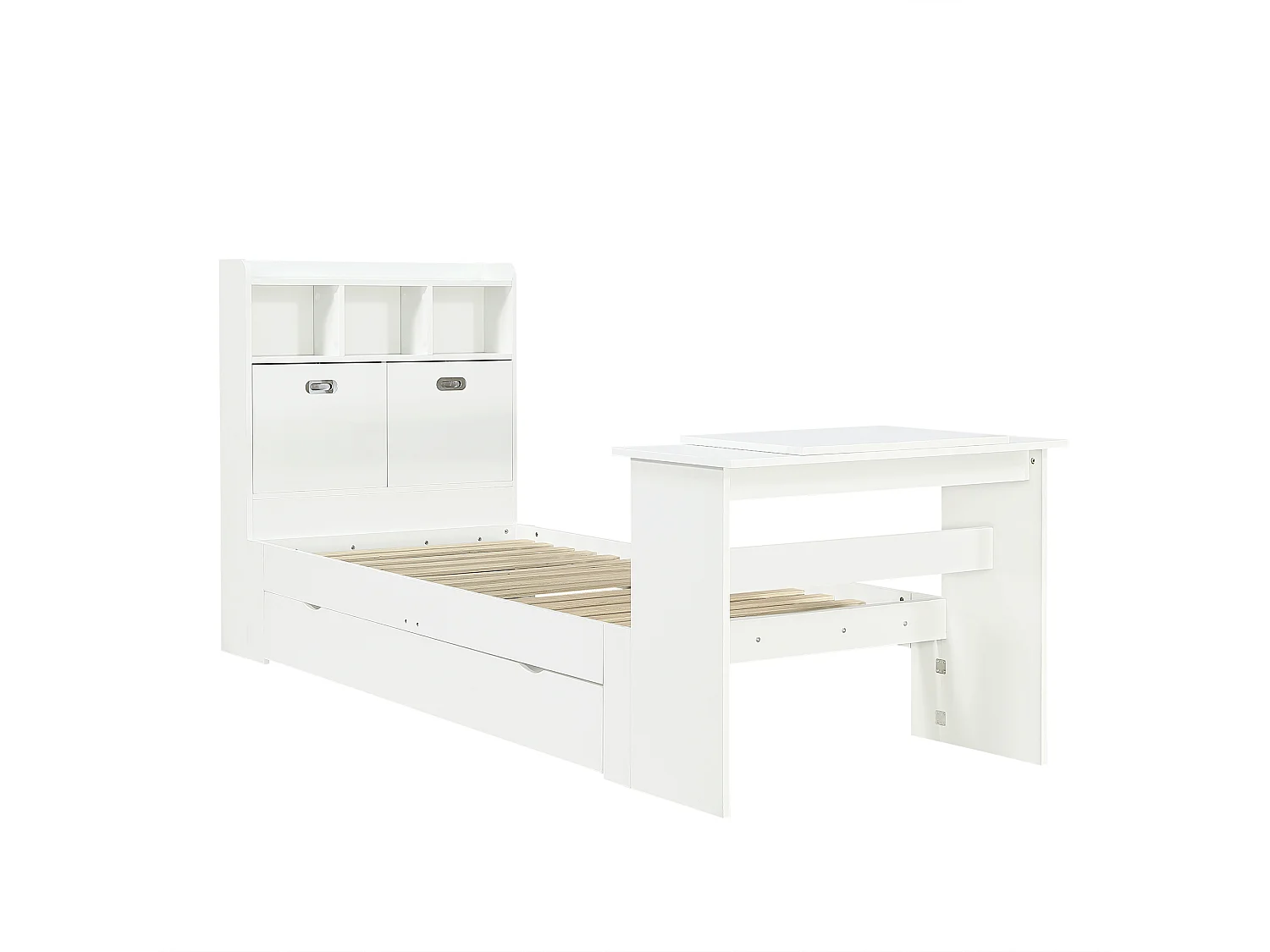 Eenpersoons kinderbed 90 × 200 cm - met verstelbare opklapbare tafel - met opbergruimte en planken - met lade - wit (zonder matras)