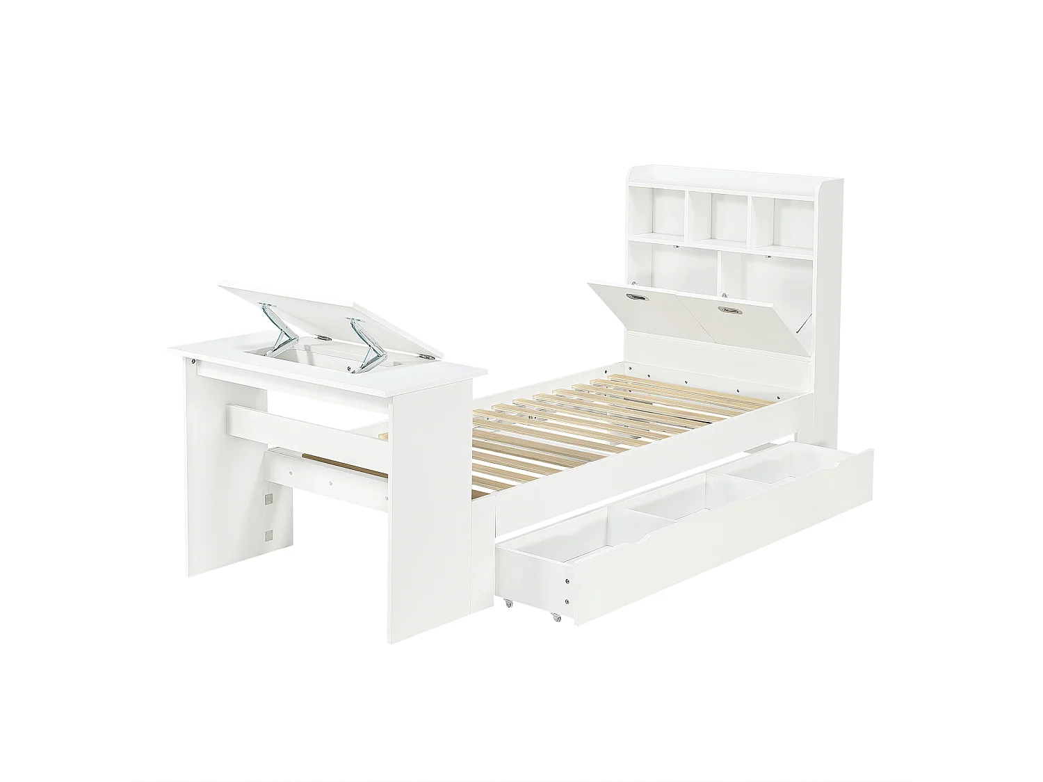 Eenpersoons kinderbed 90 × 200 cm - met verstelbare opklapbare tafel - met opbergruimte en planken - met lade - wit (zonder matras)