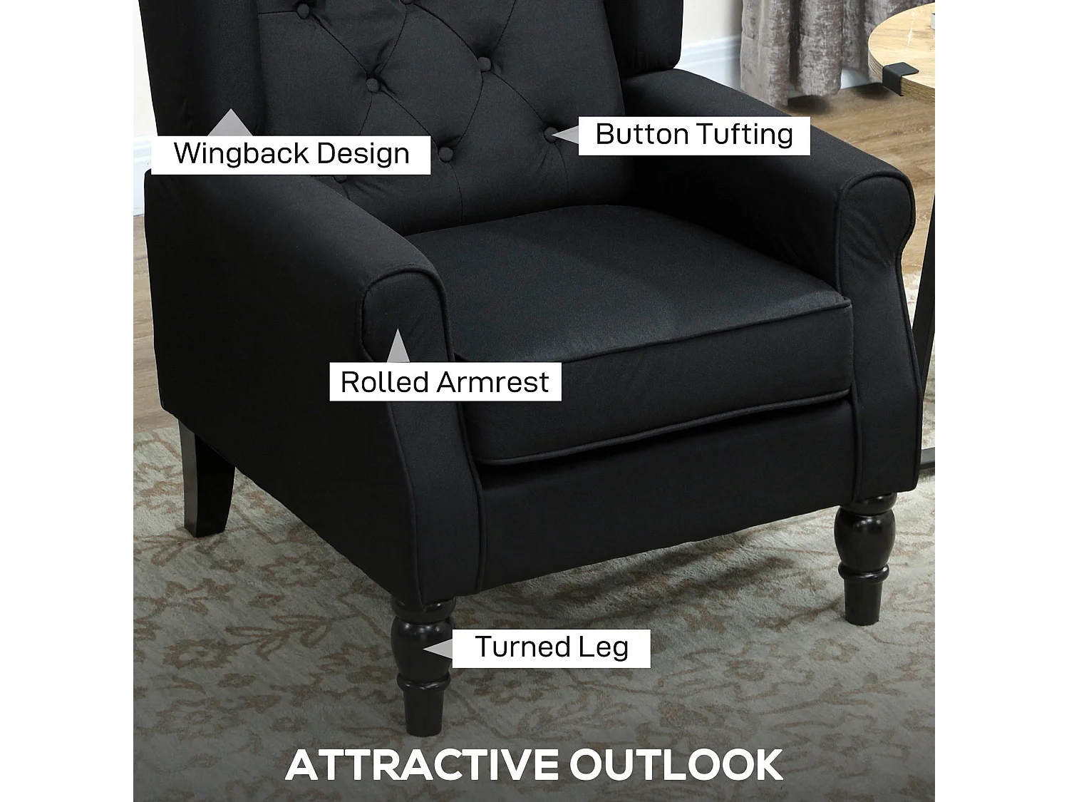 Royo Black Linen Look Wingback Accent Armchair with Diamond Button Tufting