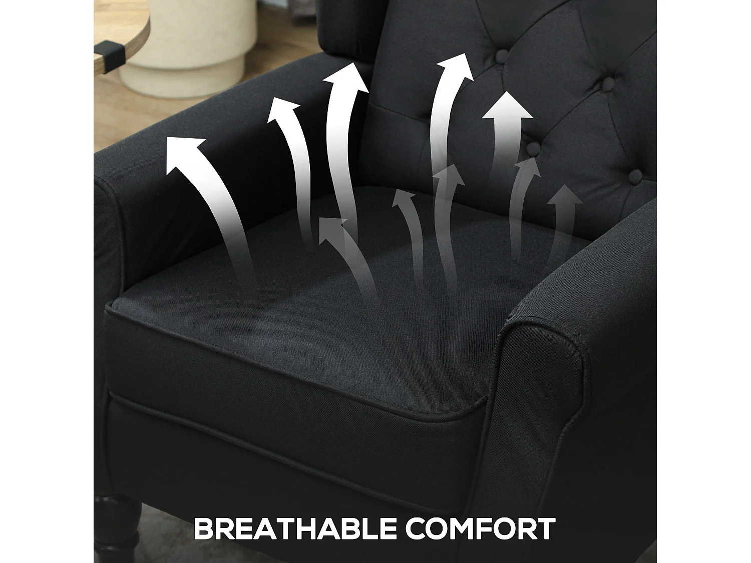 Royo Black Linen Look Wingback Accent Armchair with Diamond Button Tufting