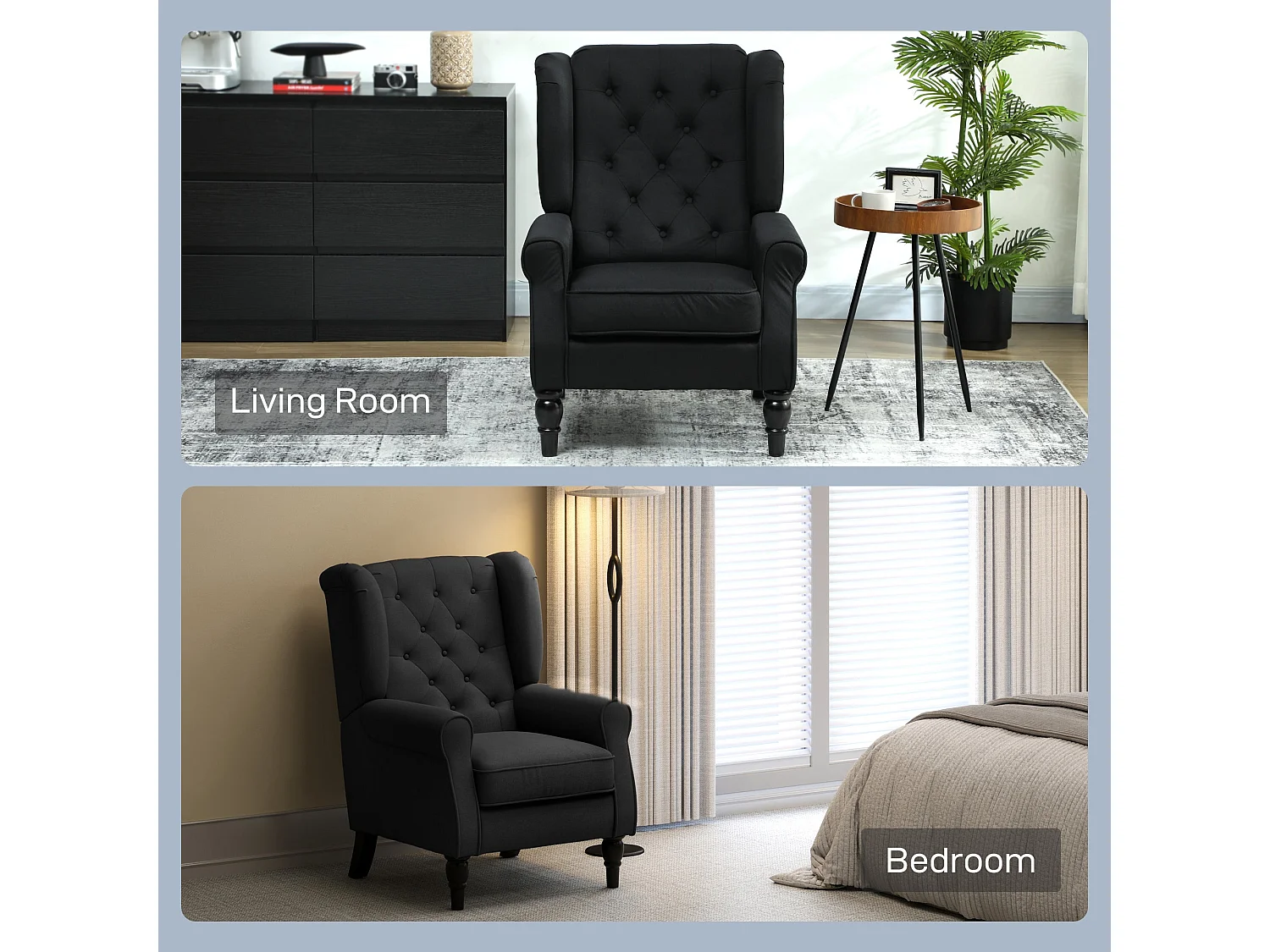 Royo Black Linen Look Wingback Accent Armchair with Diamond Button Tufting