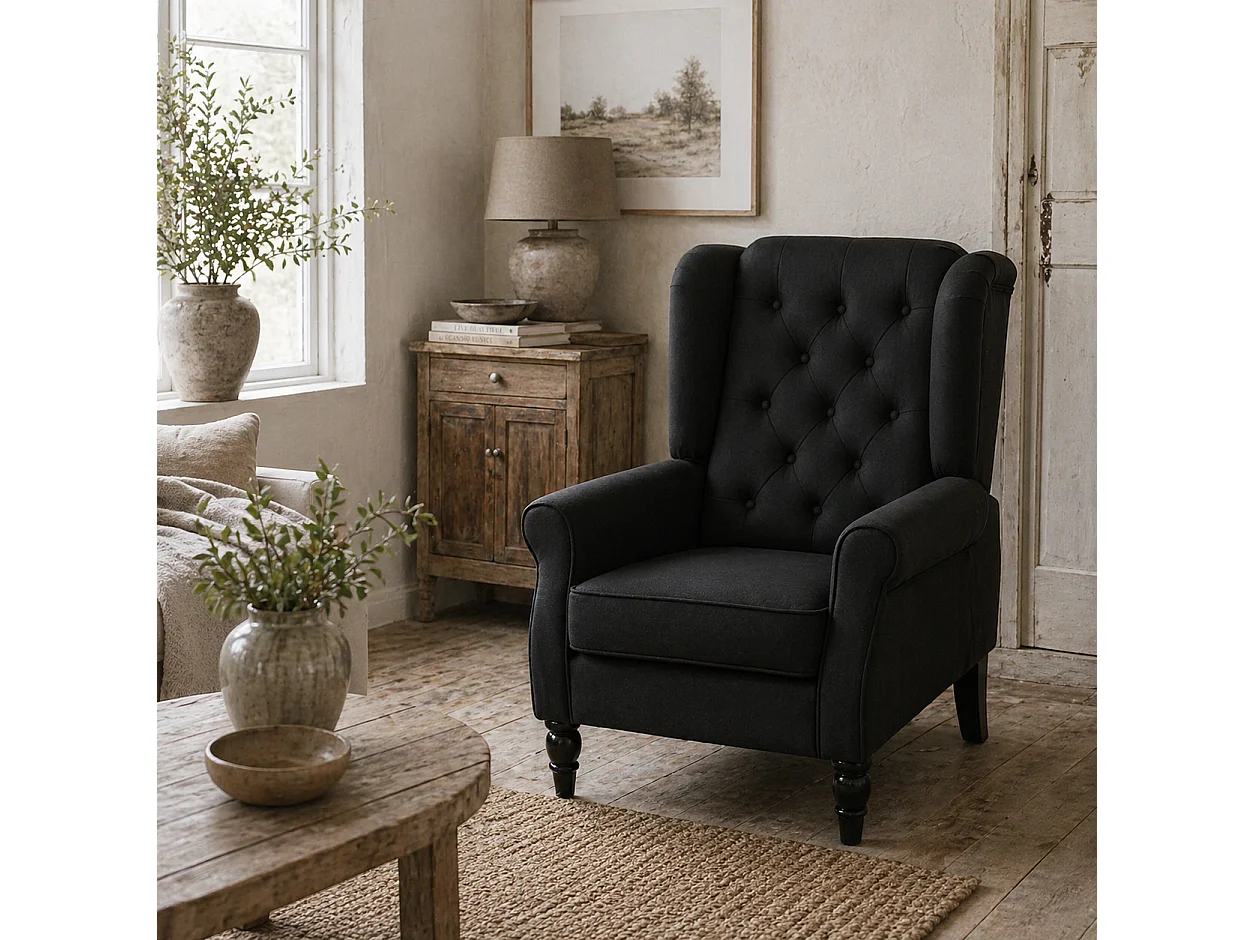 Royo Black Linen Look Wingback Accent Armchair with Diamond Button Tufting