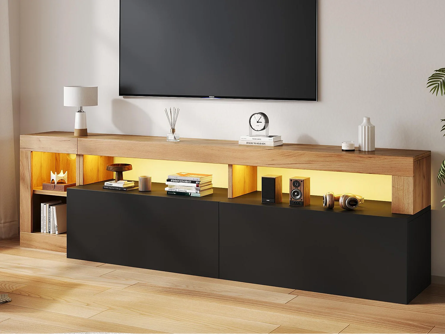 Modernes TV-Möbel 184x42x58 cm - LED-Beleuchtung - 2 schwarze Klapptüren - offener Stauraum - schwarz und Natur