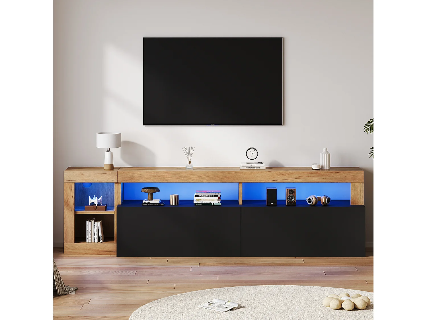 Modernes TV-Möbel 184x42x58 cm - LED-Beleuchtung - 2 schwarze Klapptüren - offener Stauraum - schwarz und Natur