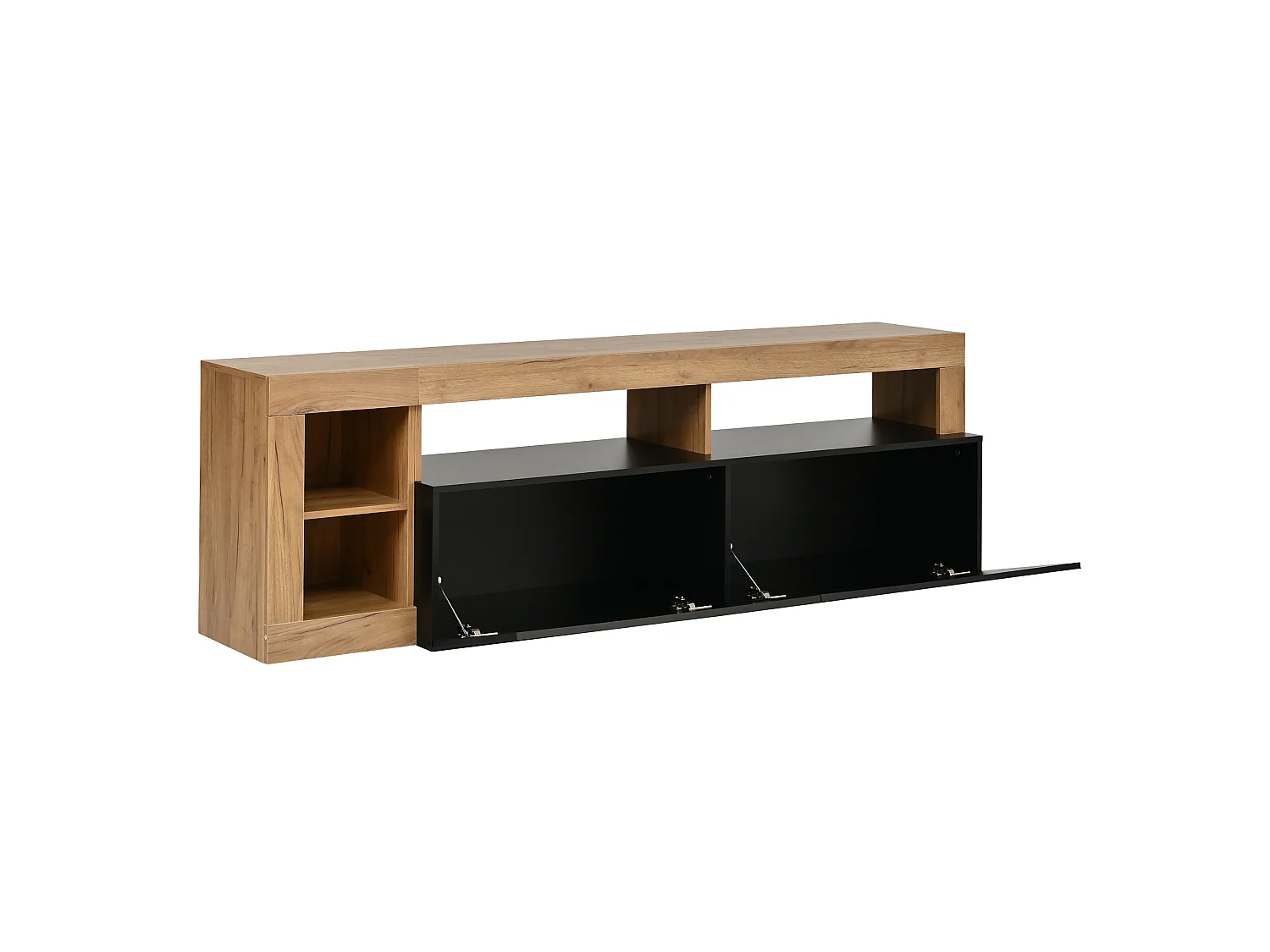 Modernes TV-Möbel 184x42x58 cm - LED-Beleuchtung - 2 schwarze Klapptüren - offener Stauraum - schwarz und Natur