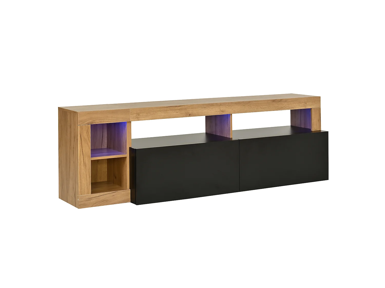 Modernes TV-Möbel 184x42x58 cm - LED-Beleuchtung - 2 schwarze Klapptüren - offener Stauraum - schwarz und Natur