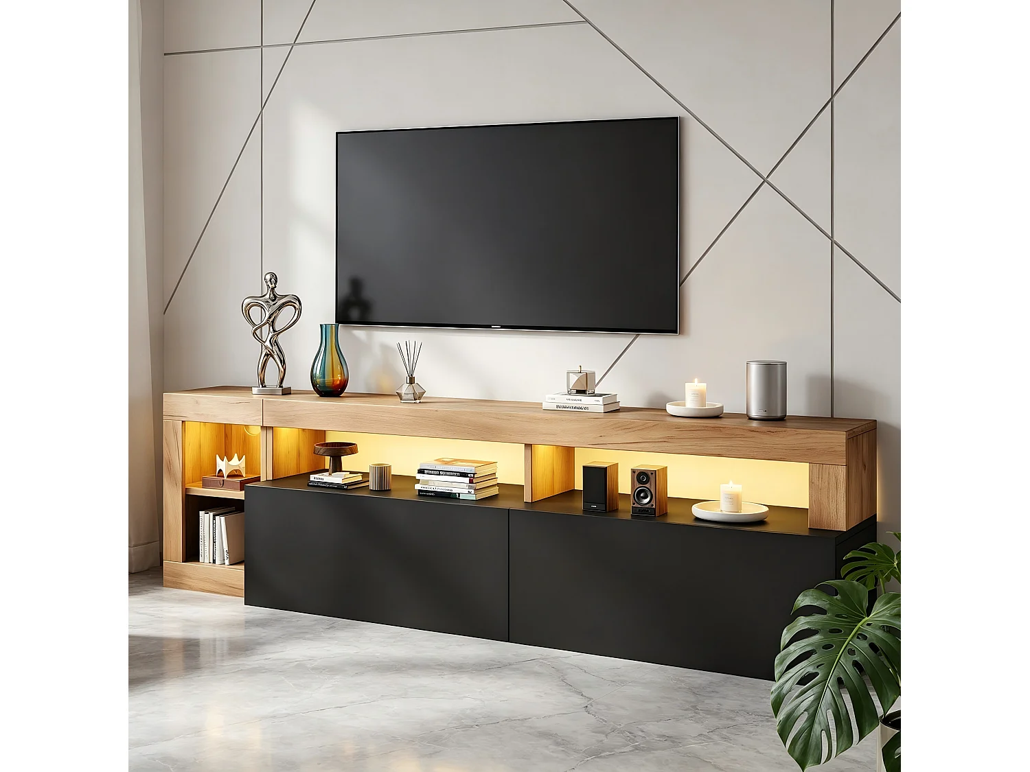 Modernes TV-Möbel 184x42x58 cm - LED-Beleuchtung - 2 schwarze Klapptüren - offener Stauraum - schwarz und Natur