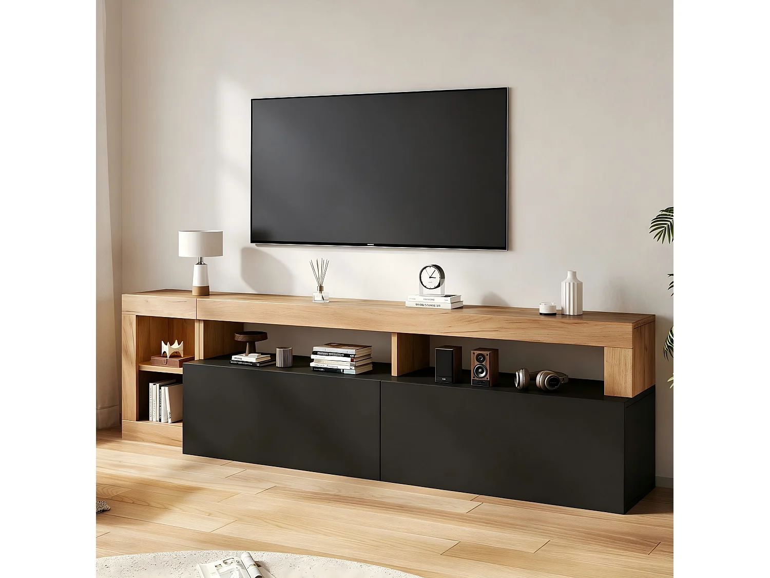 Modernes TV-Möbel 184x42x58 cm - LED-Beleuchtung - 2 schwarze Klapptüren - offener Stauraum - schwarz und Natur