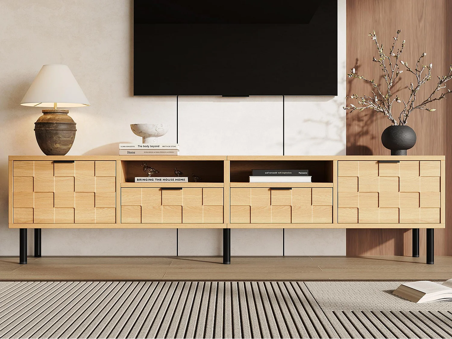 Modernes TV-Möbel 180x40x40 cm - abgerundete Ecken - 2 Schiebetüren und 1 Schublade - MDF - Natur
