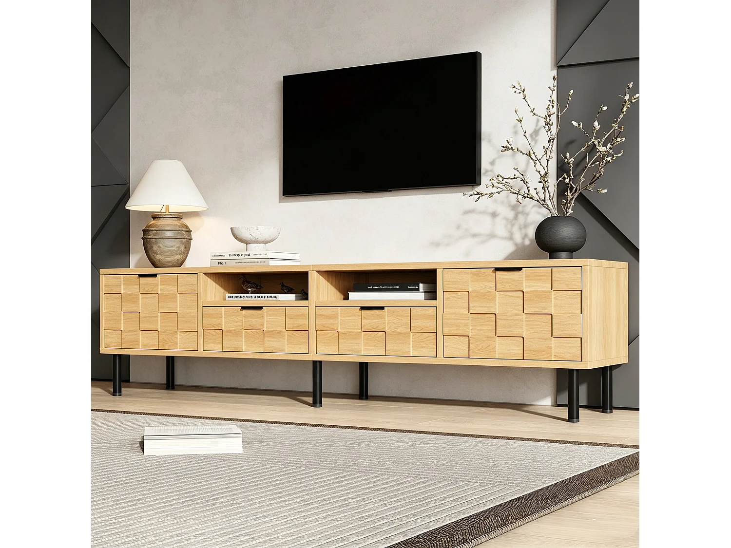 Modernes TV-Möbel 180x40x40 cm - abgerundete Ecken - 2 Schiebetüren und 1 Schublade - MDF - Natur