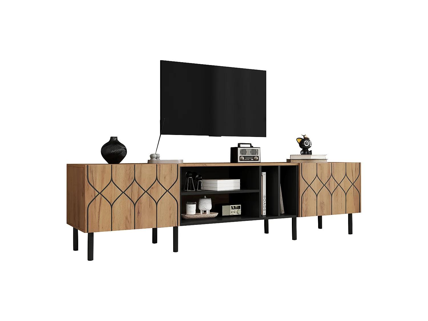 Modernes TV-Möbel 180x40x50 cm - 2 Türen und 4 Aufbewahrungsfächer - Spanplatten - Natur und Schwarz