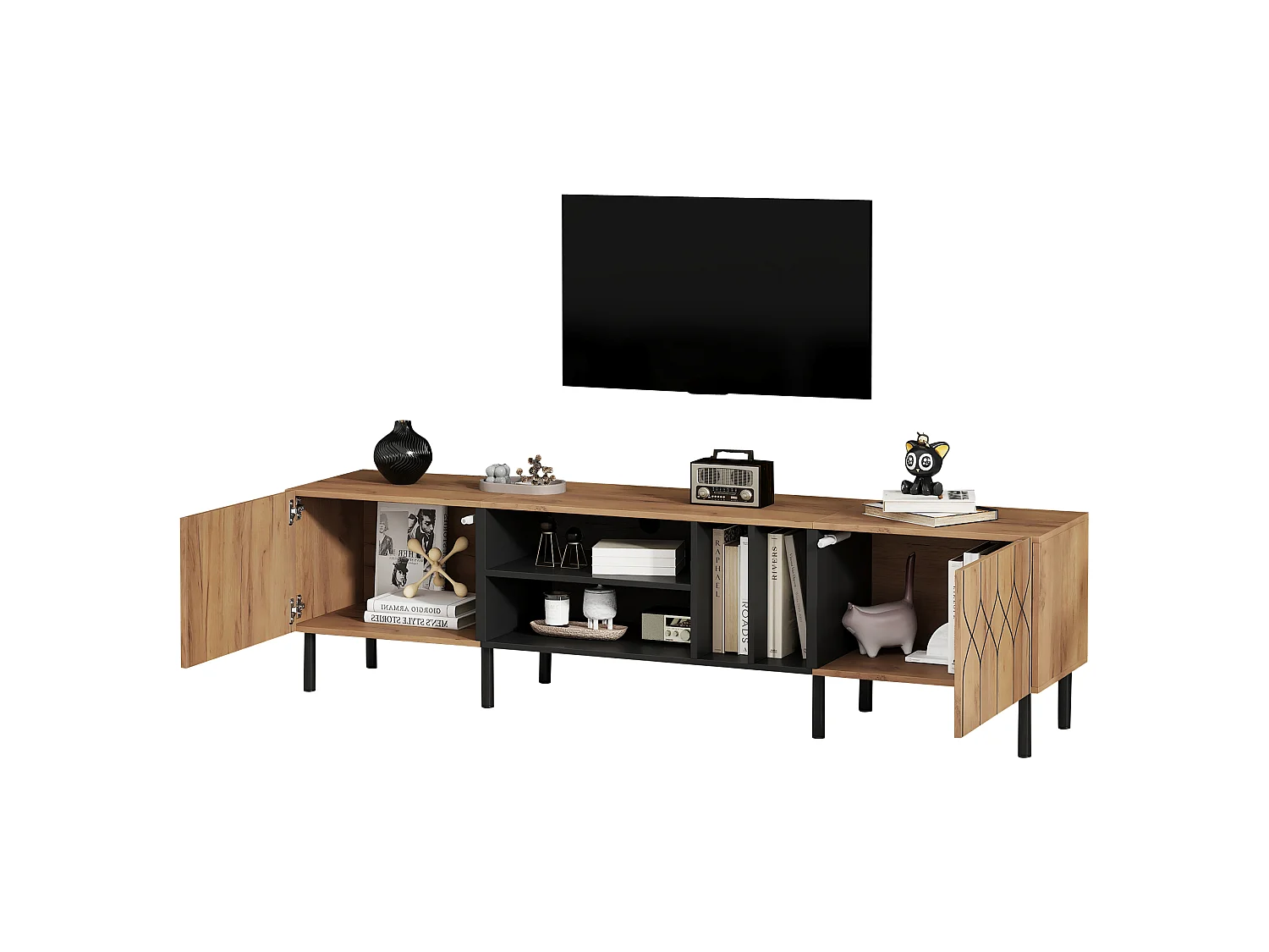 Modernes TV-Möbel 180x40x50 cm - 2 Türen und 4 Aufbewahrungsfächer - Spanplatten - Natur und Schwarz