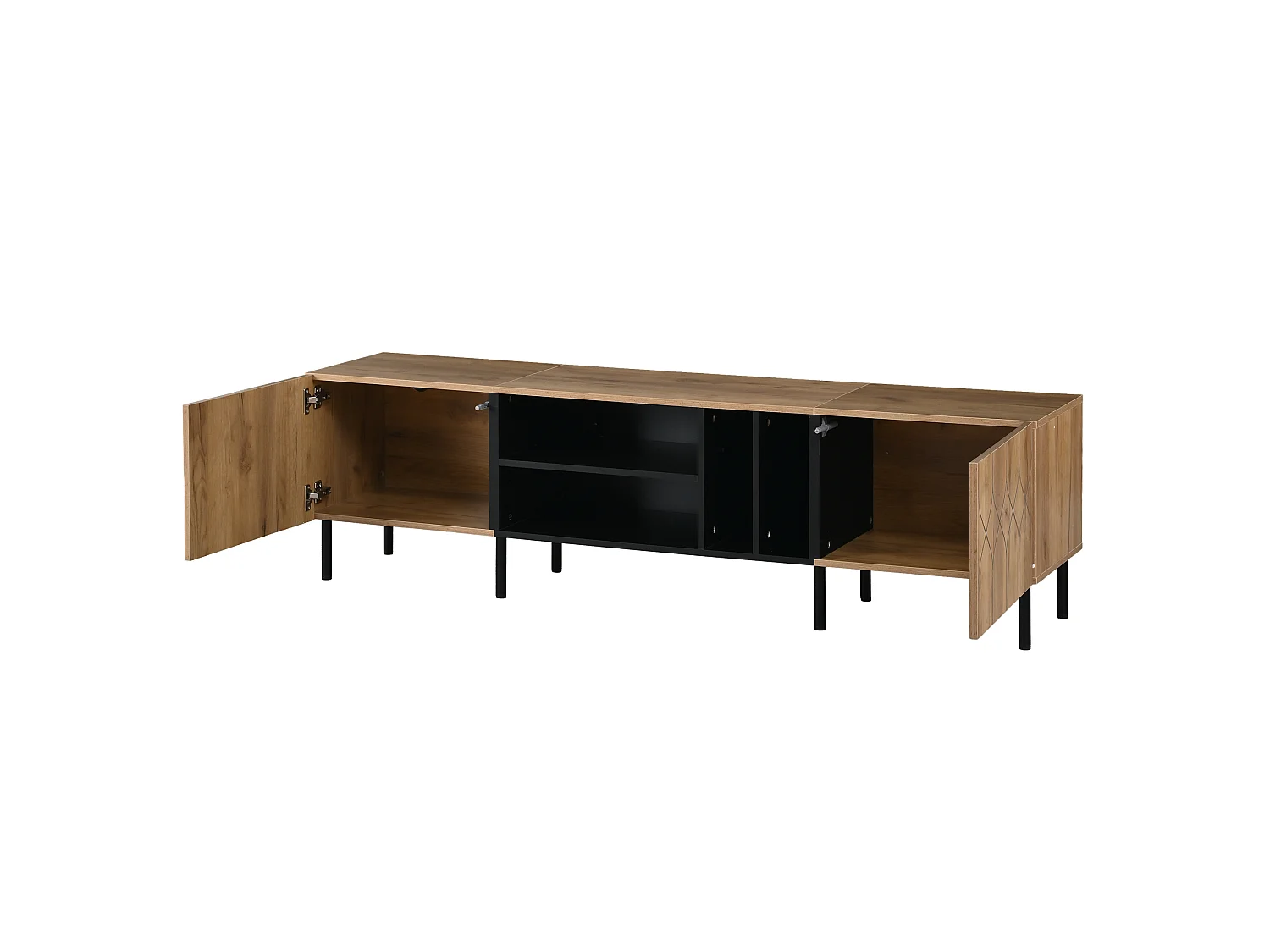 Modernes TV-Möbel 180x40x50 cm - 2 Türen und 4 Aufbewahrungsfächer - Spanplatten - Natur und Schwarz