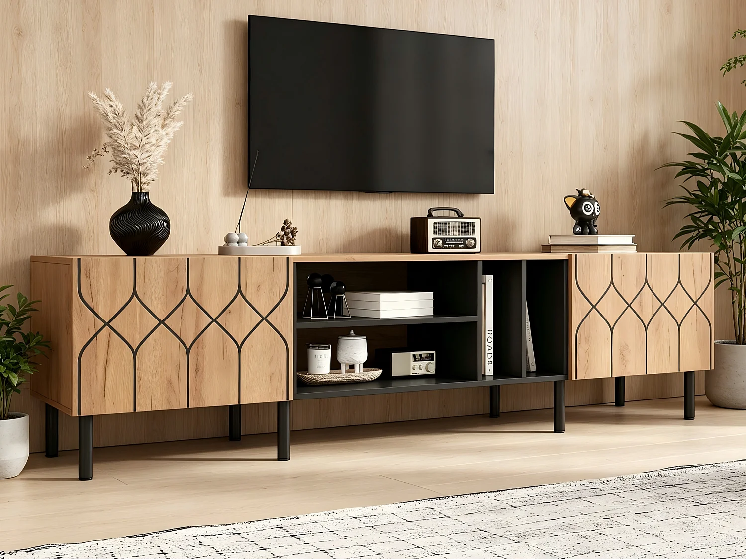 Modernes TV-Möbel 180x40x50 cm - 2 Türen und 4 Aufbewahrungsfächer - Spanplatten - Natur und Schwarz