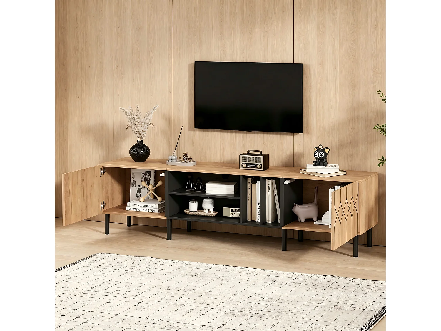 Modernes TV-Möbel 180x40x50 cm - 2 Türen und 4 Aufbewahrungsfächer - Spanplatten - Natur und Schwarz