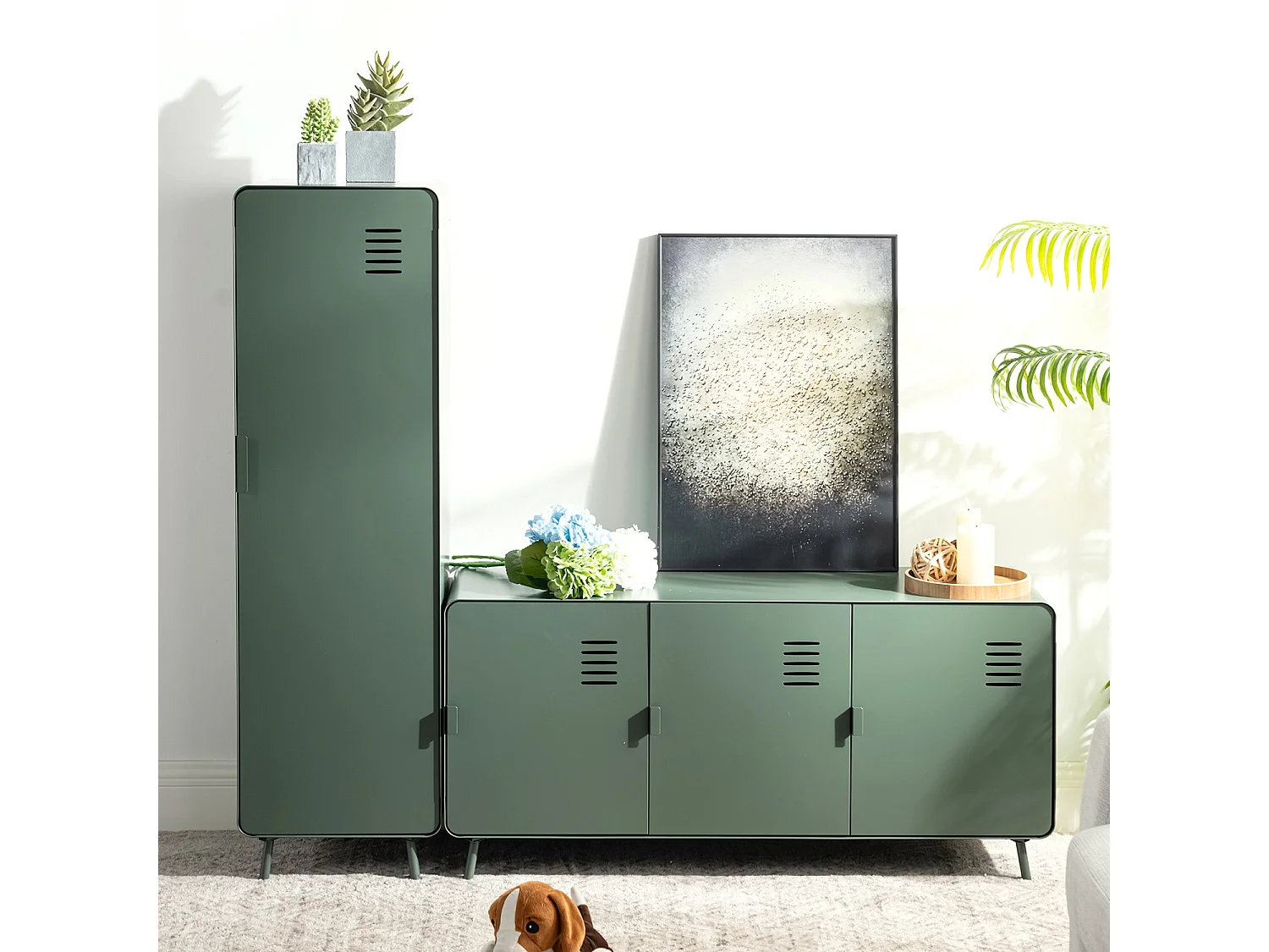 WALNUT - Armoire métallique de rangement 1 porte avec 2 niveaux et barre de penderie industrielle en vert