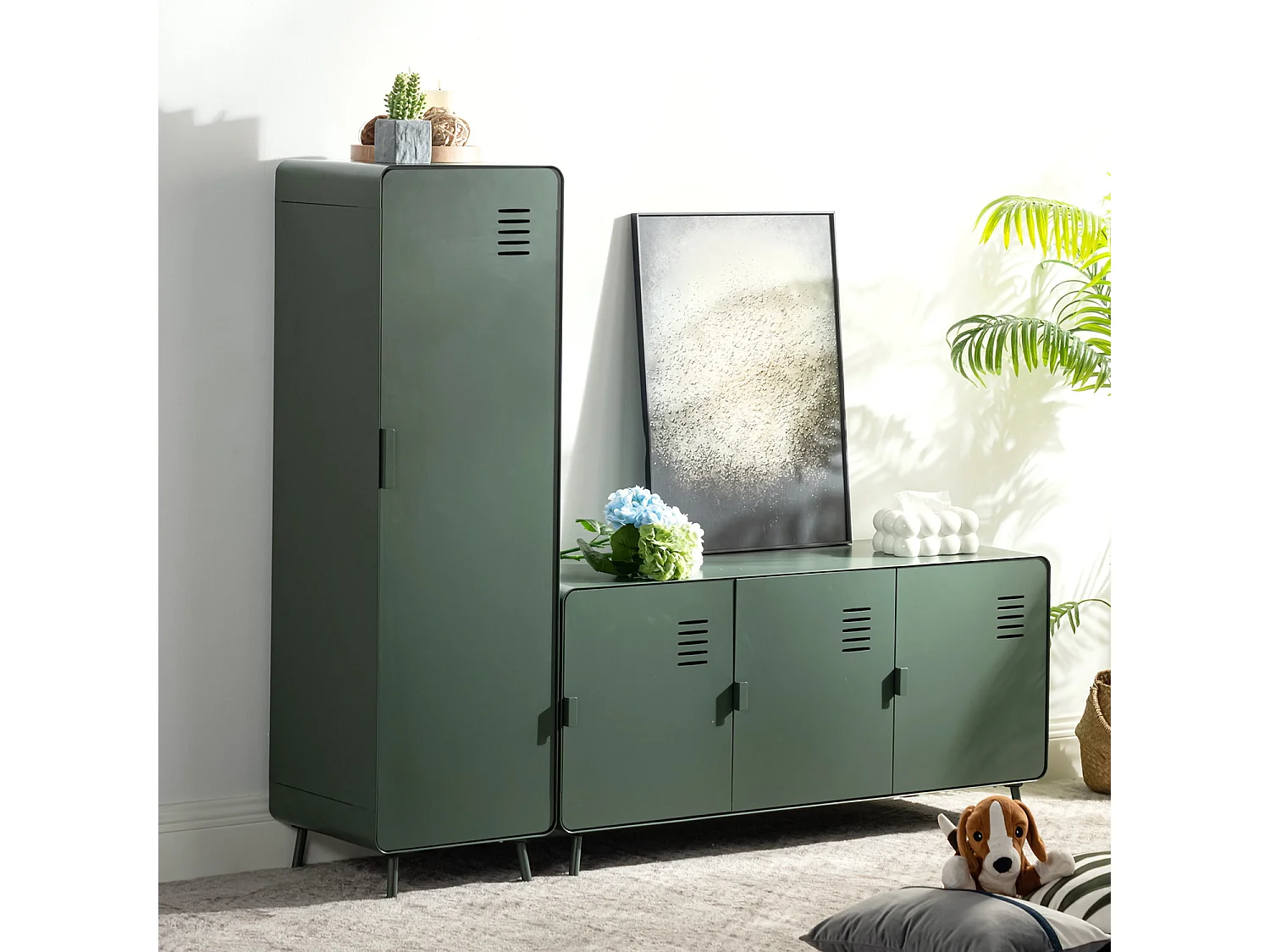 WALNUT - Armoire métallique de rangement 1 porte avec 2 niveaux et barre de penderie industrielle en vert