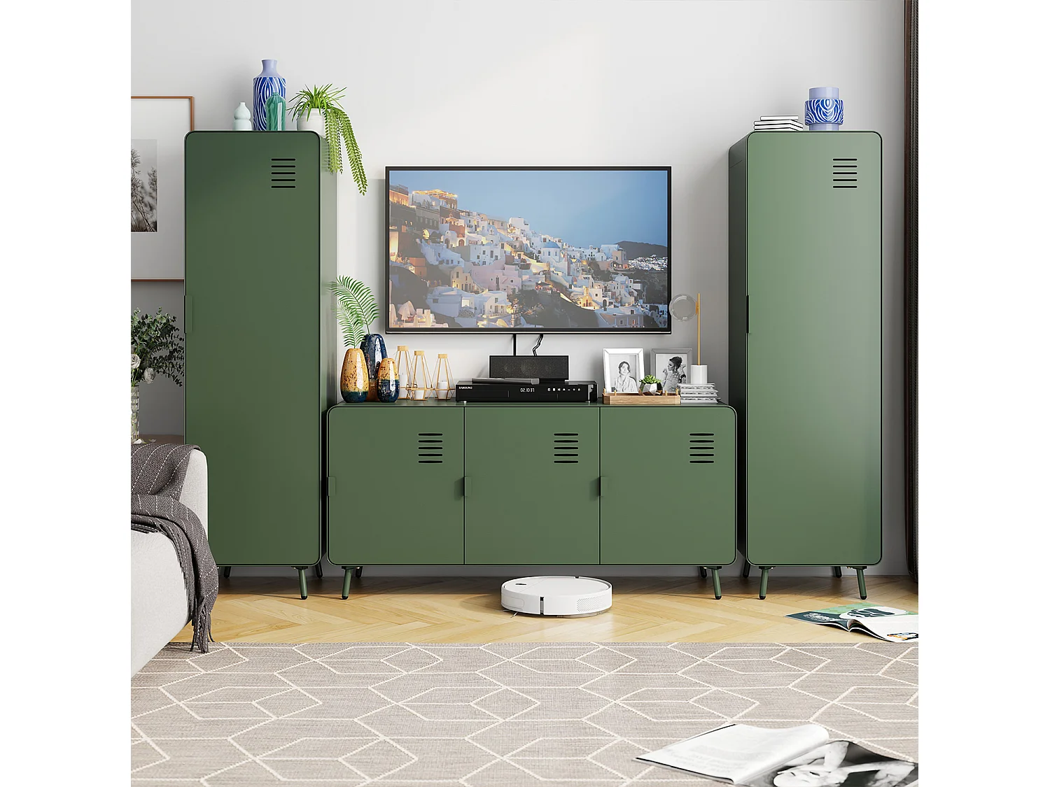 WALNUT - Armoire métallique de rangement 1 porte avec 2 niveaux et barre de penderie industrielle en vert