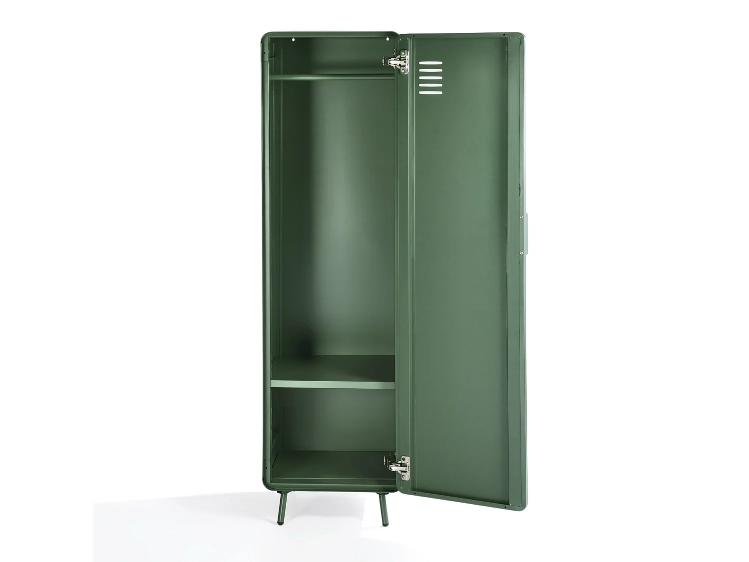 WALNUT - Armoire métallique de rangement 1 porte avec 2 niveaux et barre de penderie industrielle en vert