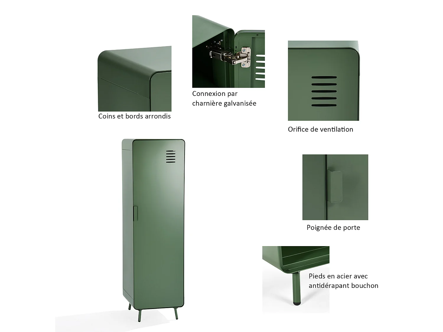 WALNUT - Armoire métallique de rangement 1 porte avec 2 niveaux et barre de penderie industrielle en vert