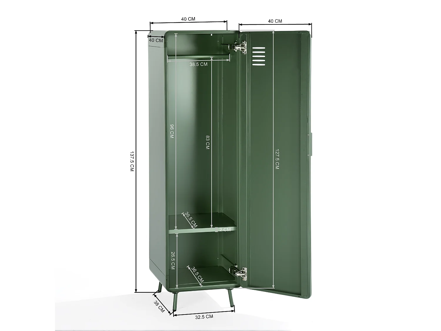 WALNUT - Armoire métallique de rangement 1 porte avec 2 niveaux et barre de penderie industrielle en vert