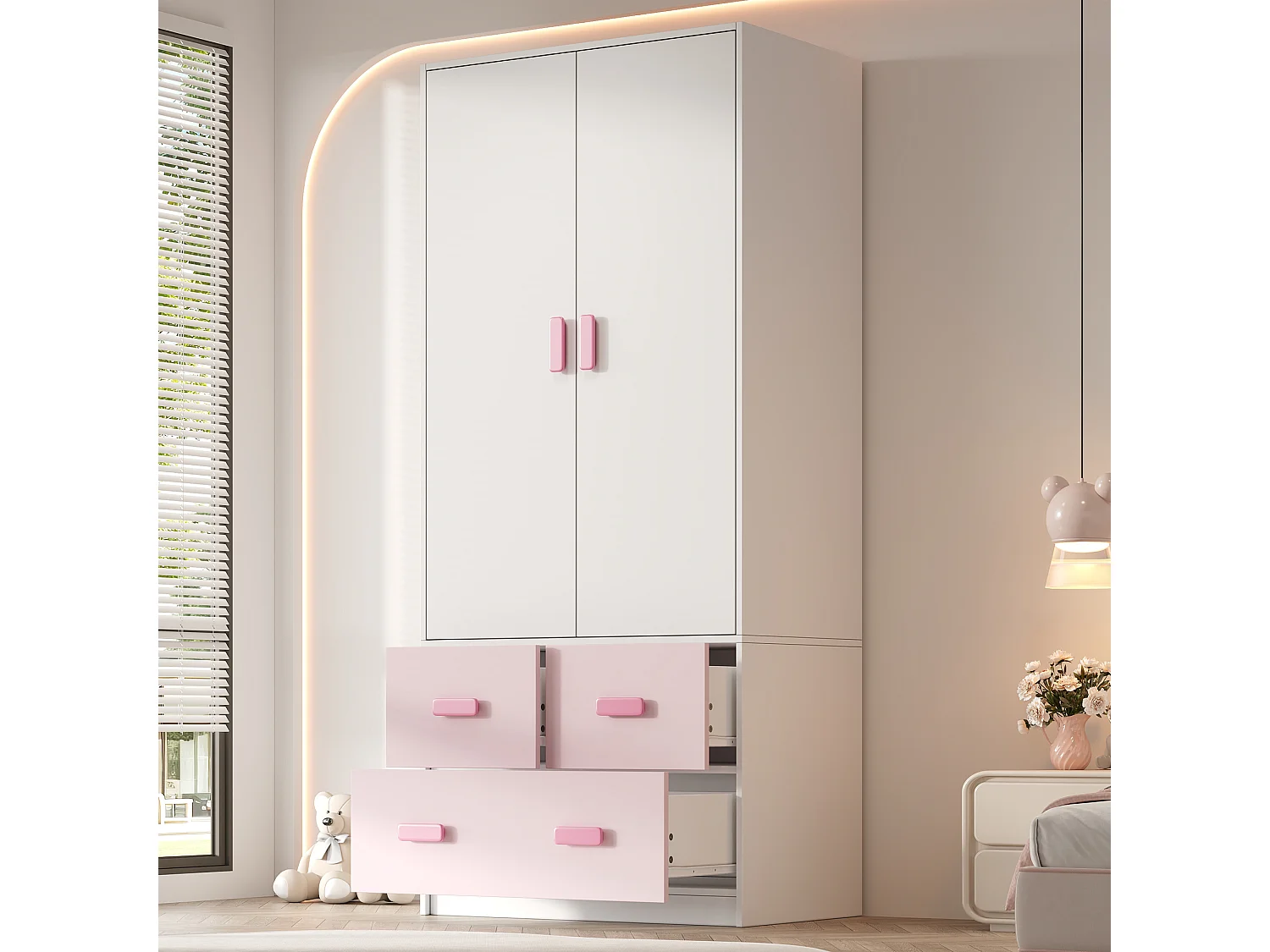 Armoire enfant avec 2 portes et 3 tiroirs - avec tringle à vêtements - 80x48x180 cm - MDF - Blanc et rose