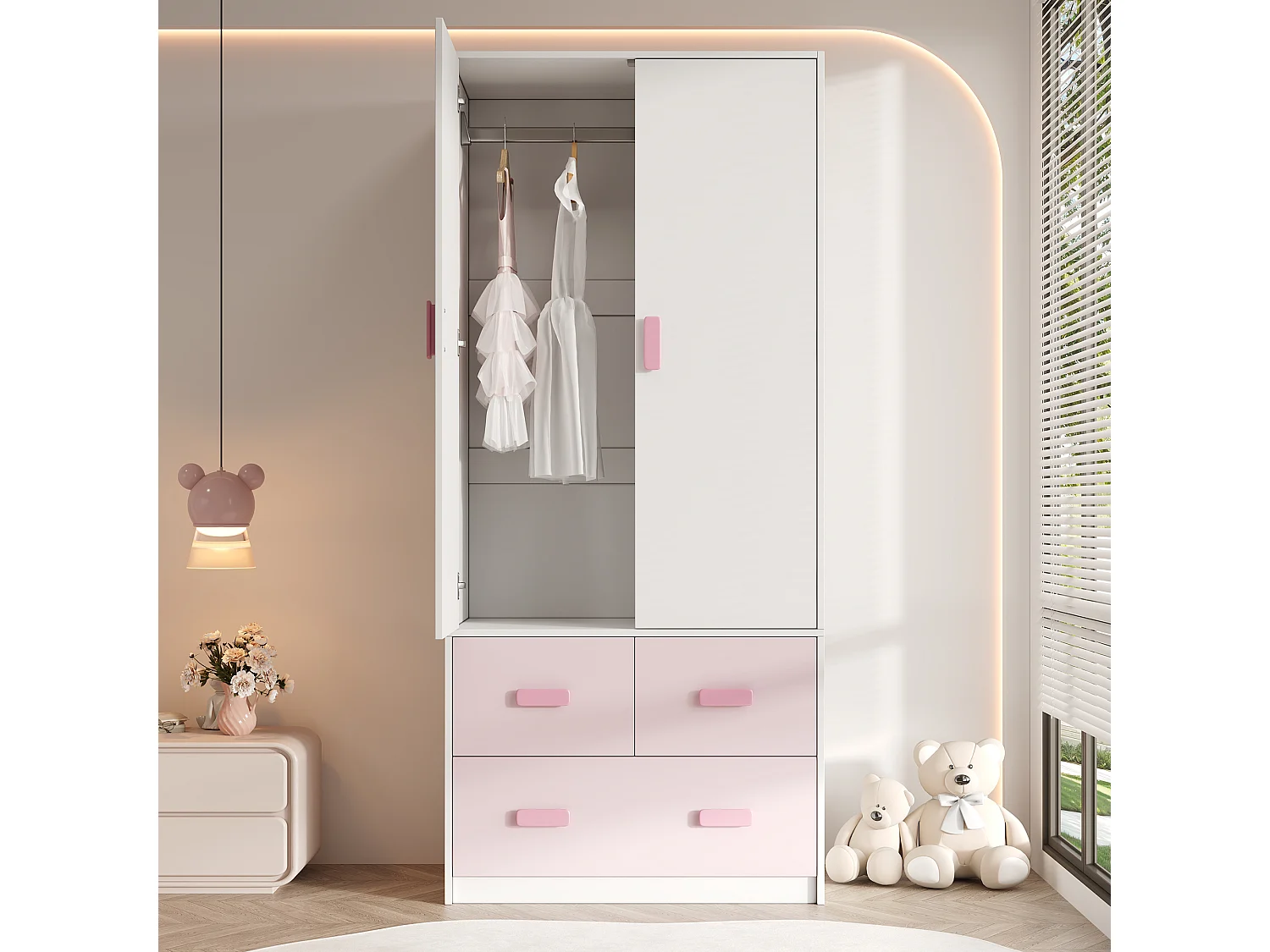 Armoire enfant avec 2 portes et 3 tiroirs - avec tringle à vêtements - 80x48x180 cm - MDF - Blanc et rose